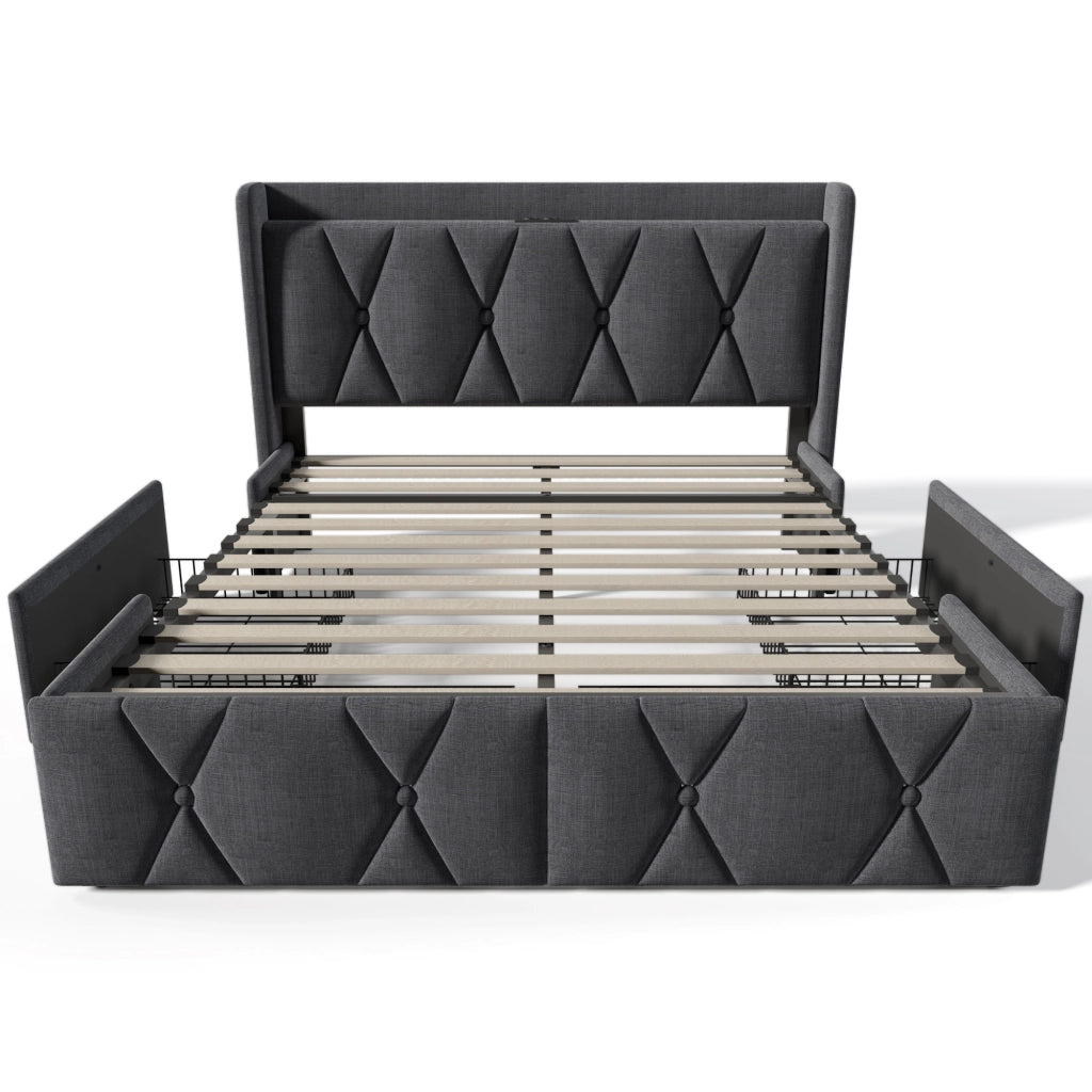 Letto matrimoniale 140x200 cm imbottito con ricarica USB, 4 cassetti, rete in legno e materasso, grigio