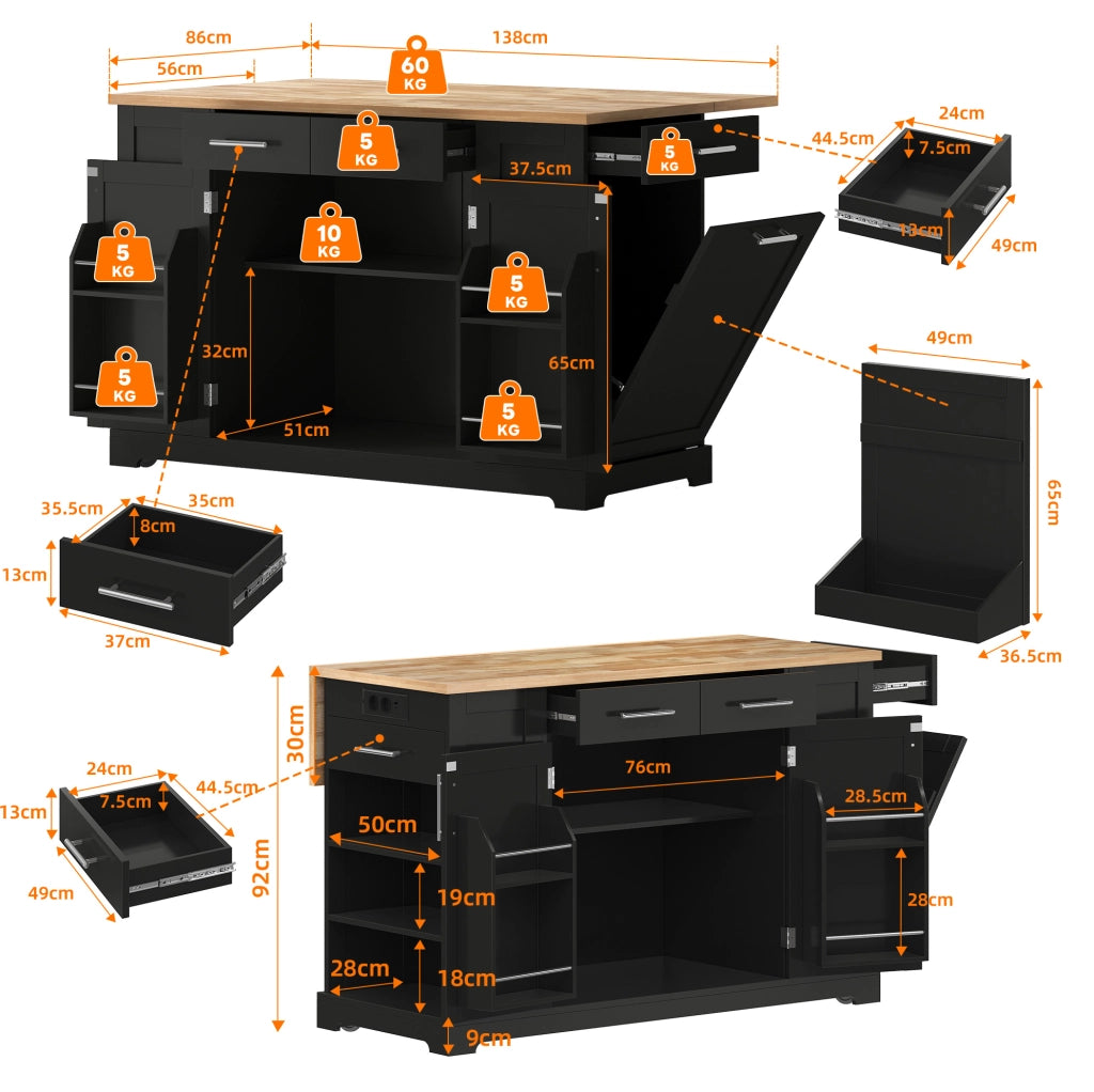 Isola cucina mobile 138 cm con piano ribaltabile e prese