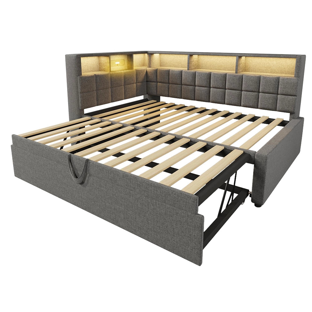 Letto imbottito-Xylo-90x200cm+90x190 LED Bluetooth USB-C testiera L lino grigio senza materasso