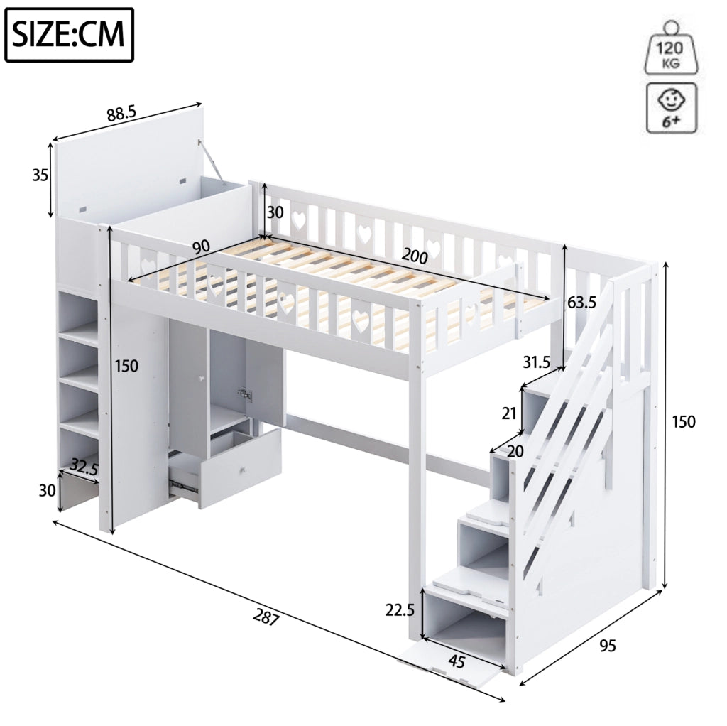 Letto a soppalco bianco 90x200 cm con scala contenitore, scaffali e armadietto ribaltabile
