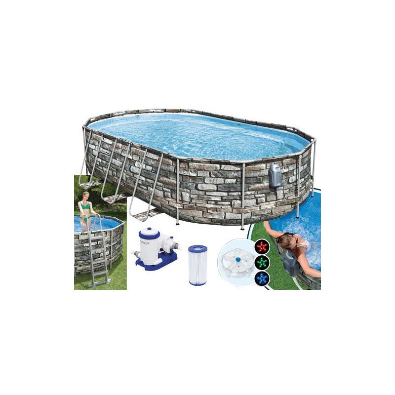 Piscina fuori terra ovale effetto pietra con idromassaggio e luce LED, 610x366x122 cm con pompa filtro scaletta e copertura - Bestway