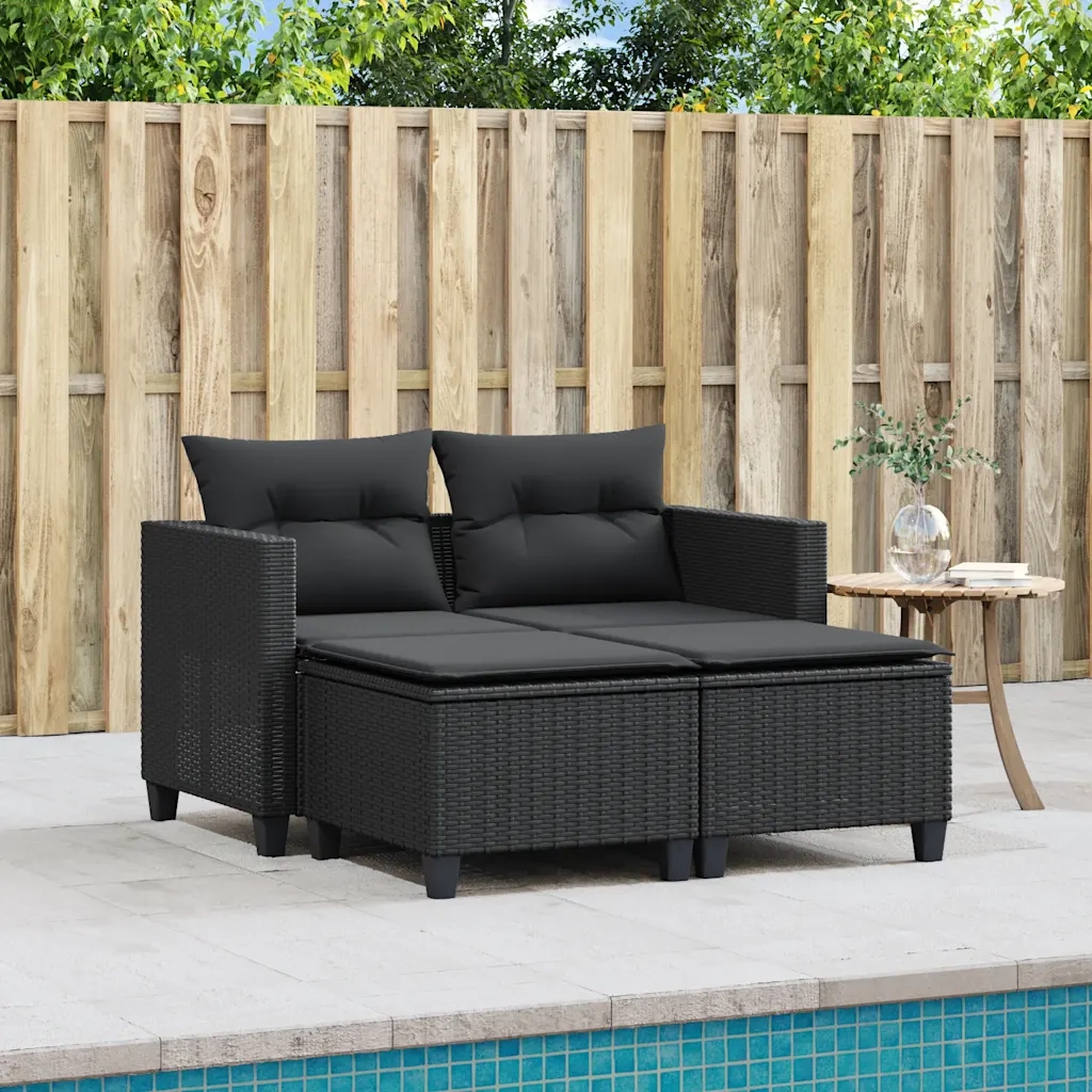 Divano da Giardino 2 Posti con Sgabelli-Sofa da Giardino-Divano da esterno Nero in Polyrattan 650456