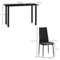 Set Tavolo da Pranzo con 4 Sedie, Piano in Vetro e Sedie Imbottite in Finta Pelle, Nero