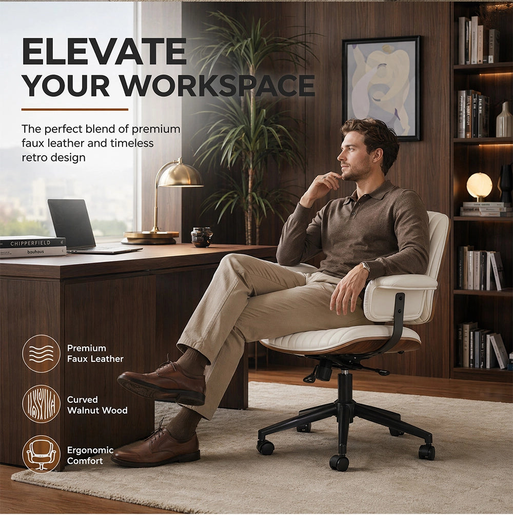 SEDIA UFFICIO Girevole 360° con ruote PU Beige in pelle e metallo
