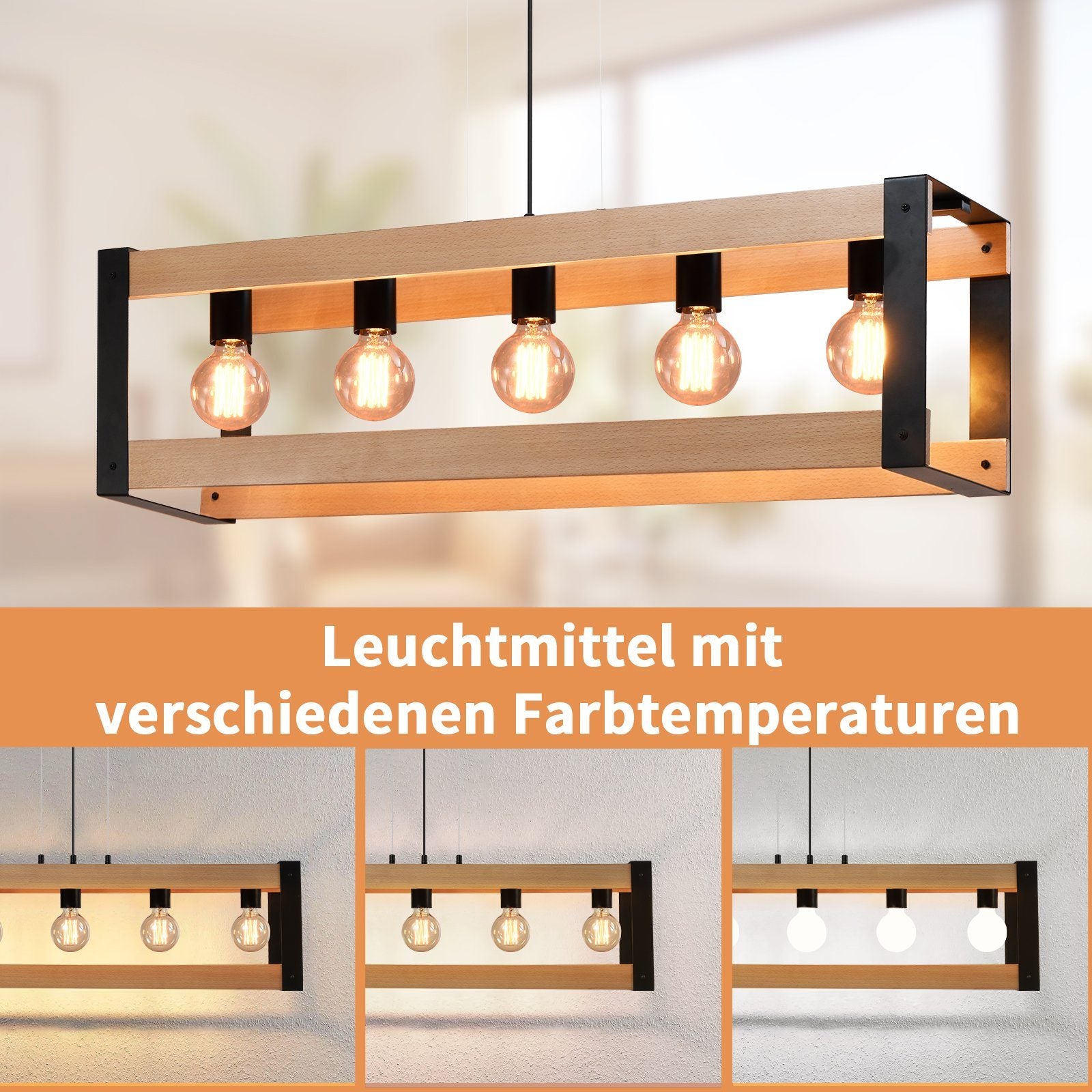 Lampada a sospensione ZMH 5 Luci in Legno ZMH Metallo Vintage Nero E27