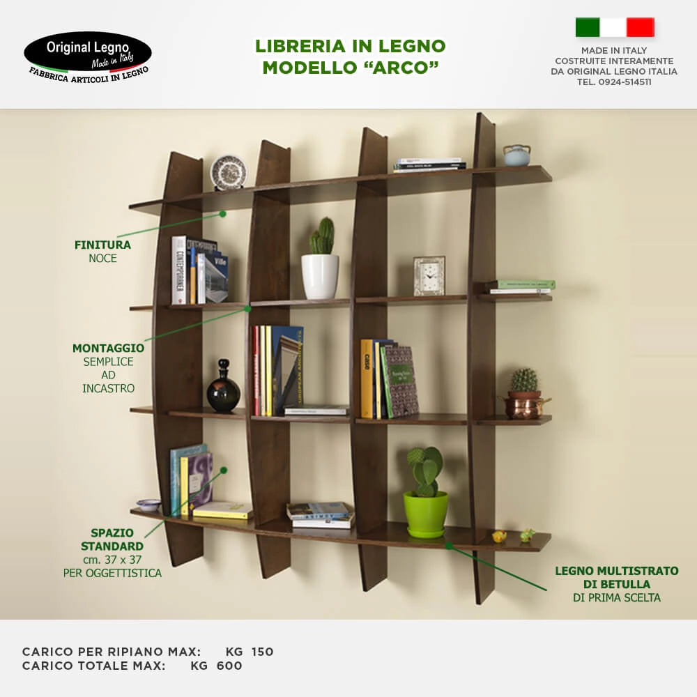 LIBRERIA MENSOLA SCAFFALE IN LEGNO MODELLO ARCO CON 4 RIPIANI FINITURA NOCE L.150  x P.30 x H.150 MADE IN ITALY ORIGINAL LEGNO ITALIA