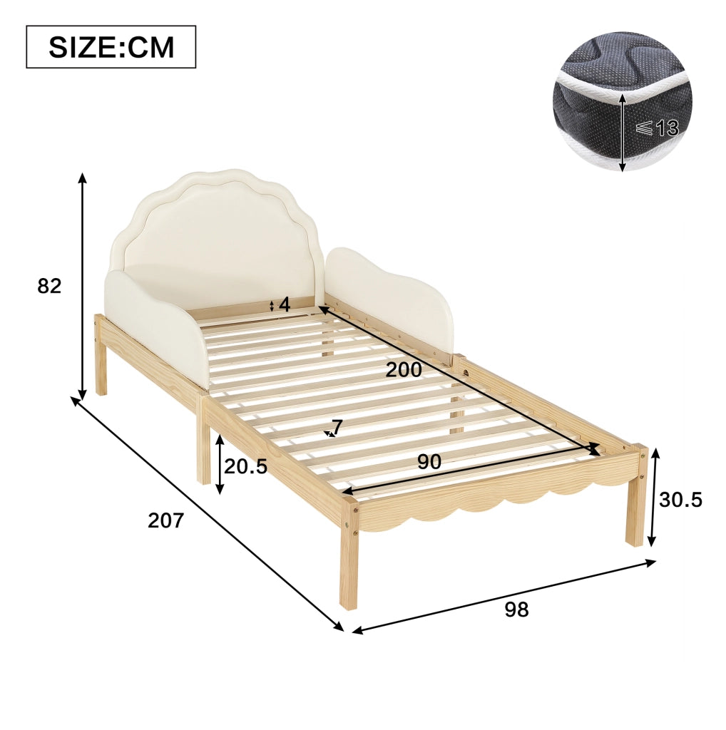 Letto imbottito 90x200 cm con testiera in PU e spondine laterali; legno beige naturale