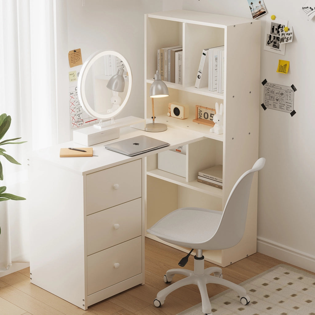 Scrivania angolare con libreria 4 ripiani e 3 cassetti per home office in legno bianco 117 × 63 × 135 cm