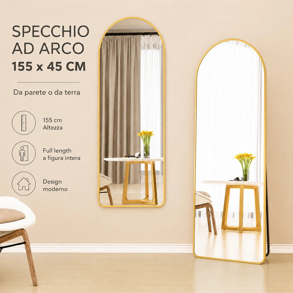 Specchio ad Arco da Terra e Parete Oro Decorazione Design Moderno 155x45 cm