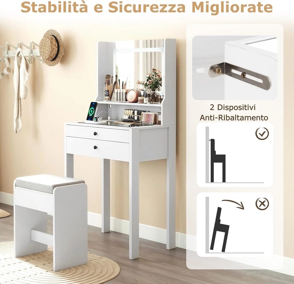 Toeletta Trucco con Luci LED e Sgabello Imbottito, Specchiera con Stazione di Ricarica e Luminosità Regolabile, Set Consolle Trucco con Piano in Vetro Temperato e 2 Cassetti (Bianco)