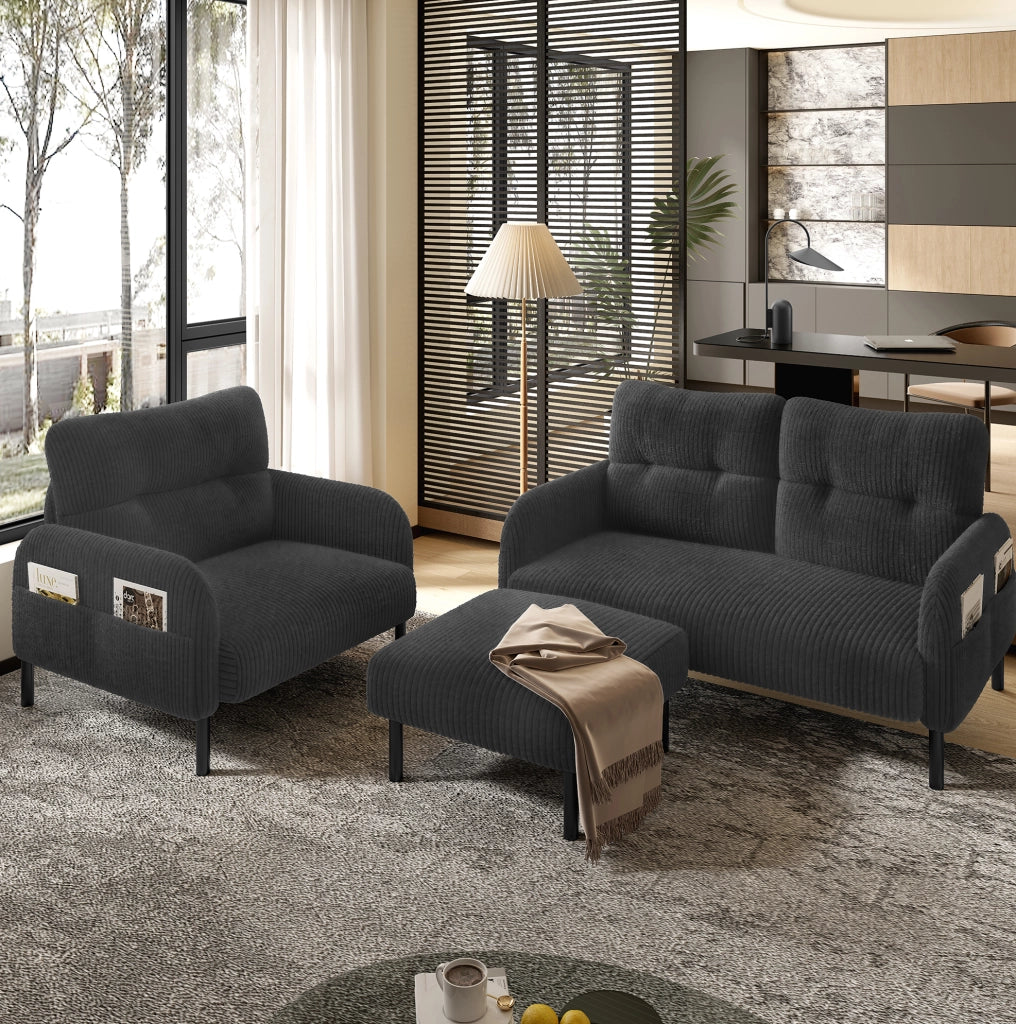 Divano 2 posti 120 x 75 x 79 cm grigio in velluto a coste - tasca laterale