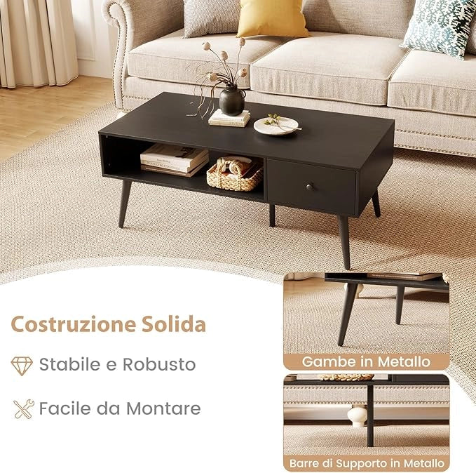 Tavolino da Salotto Rettangolare Design Moderno, Tavolino da Caffè con Cassetto e Mensola Inferiore, Tavolino Basso da Divano con Gambe in Metallo per Soggiorno, 109 x 55 x 42 cm (Nero)