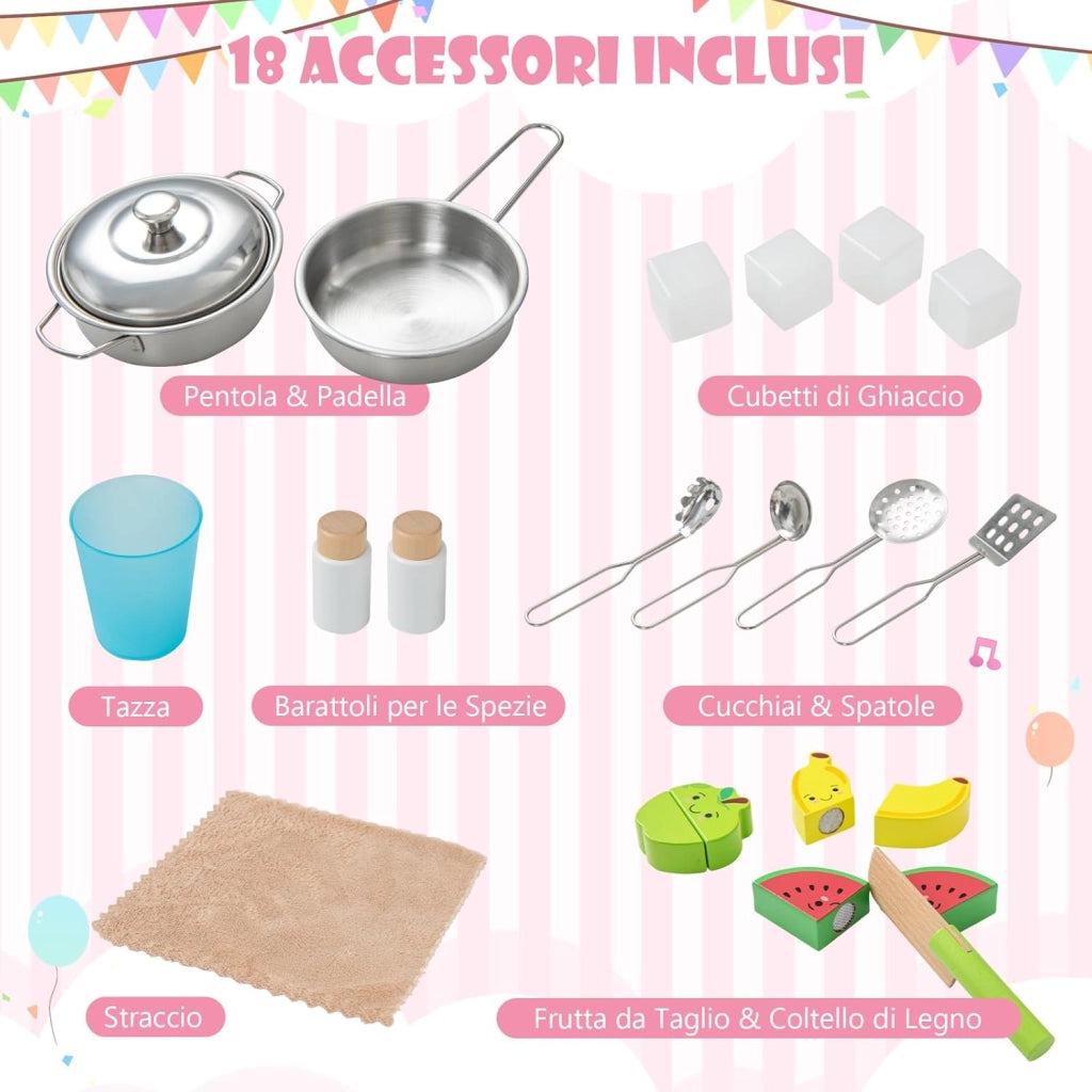 Cucina Giocattolo per Bambini in Legno, Cucina per Bambini con Microonde, Cappa Aspirante, Forno, Macchina del Ghiaccio, Lavello e Rubinetto, Manopole con Suoni, per 3-6 Anni (Rosa)