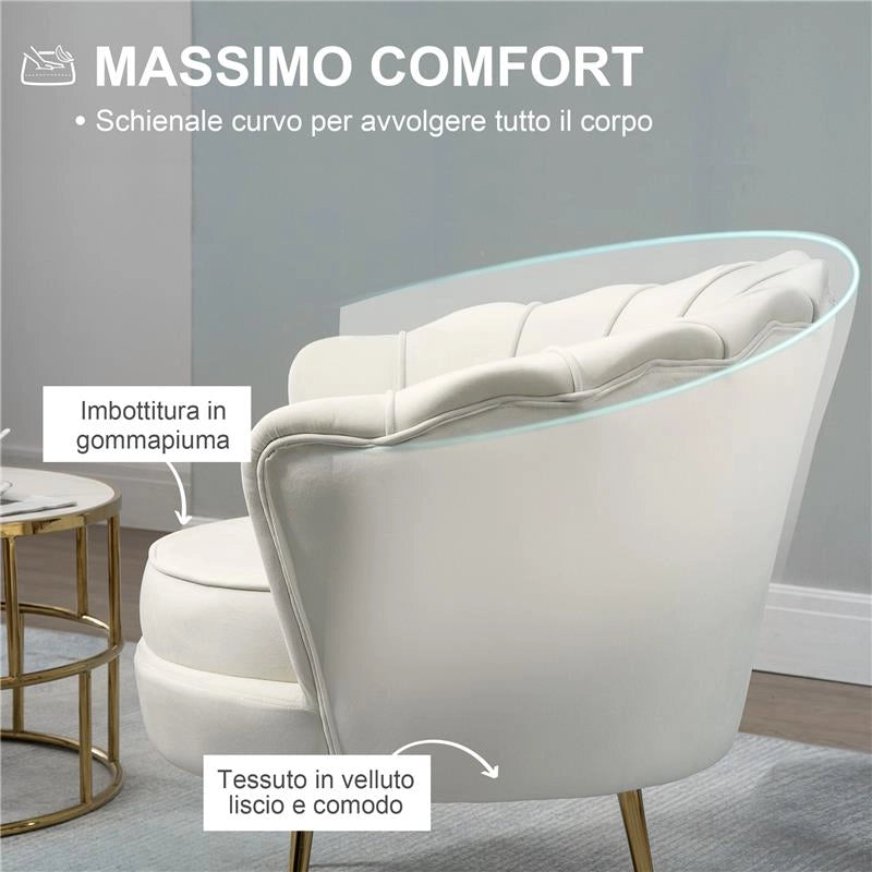 POLTRONA DI DESIGN STILE VINTAGE IMBOTTITA IN VELLUTO, 79X77X77CM, CREMA