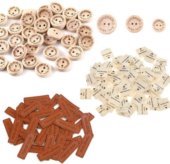 Etichette di Tessuto 300 Pezzi - Etichette Manuali - Etichette in Pelle - Nodi in Legno - Attività DIY - Materiale di Alta Qualità - Adesivi per Sarto