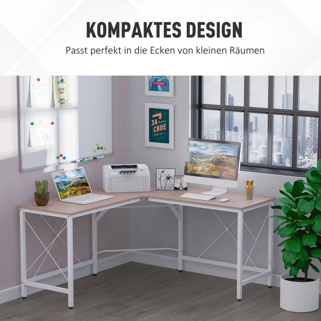 Scrivania angolare a L con ampia superficie, struttura in acciaio, per ufficio domestico e studio, naturale, 150 × 150 × 76 cm