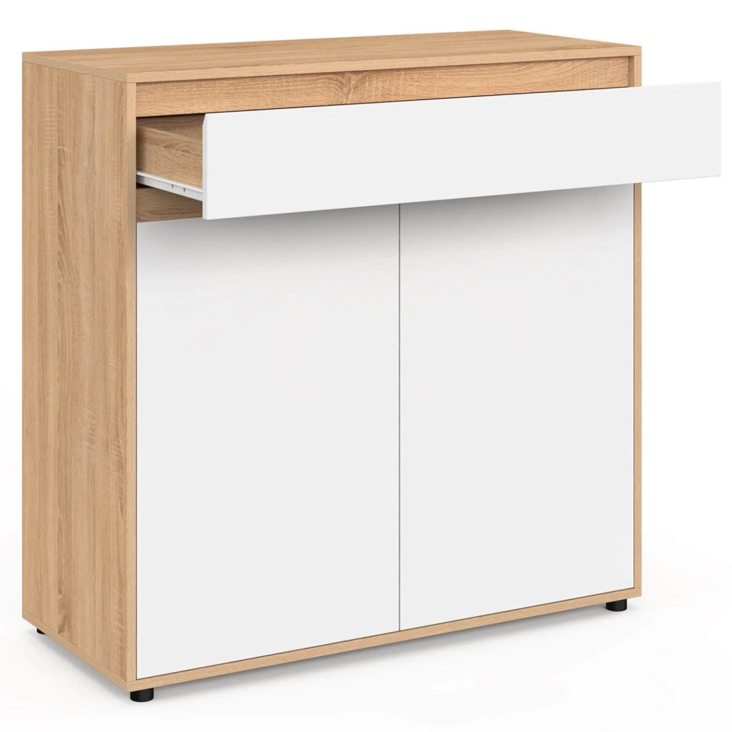 IDMarket - Mobile bagno a 2 ante TOMI con 2 cesti portabiancheria estraibili e 1 cassetto, finitura faggio e bianco