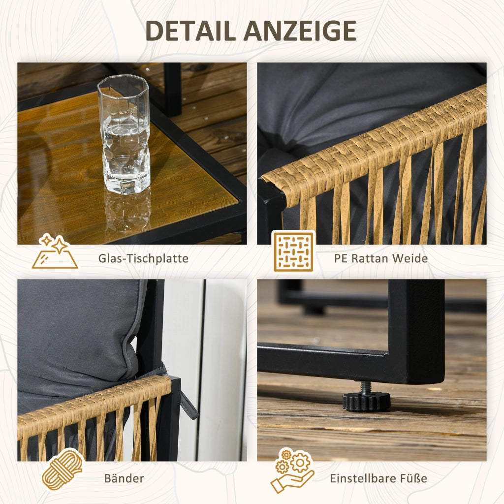 Set da giardino 4 pezzi con divano, sedie e tavolo ¨C zephmum ¨C polyrattan antracite, struttura metallo, piano vetro