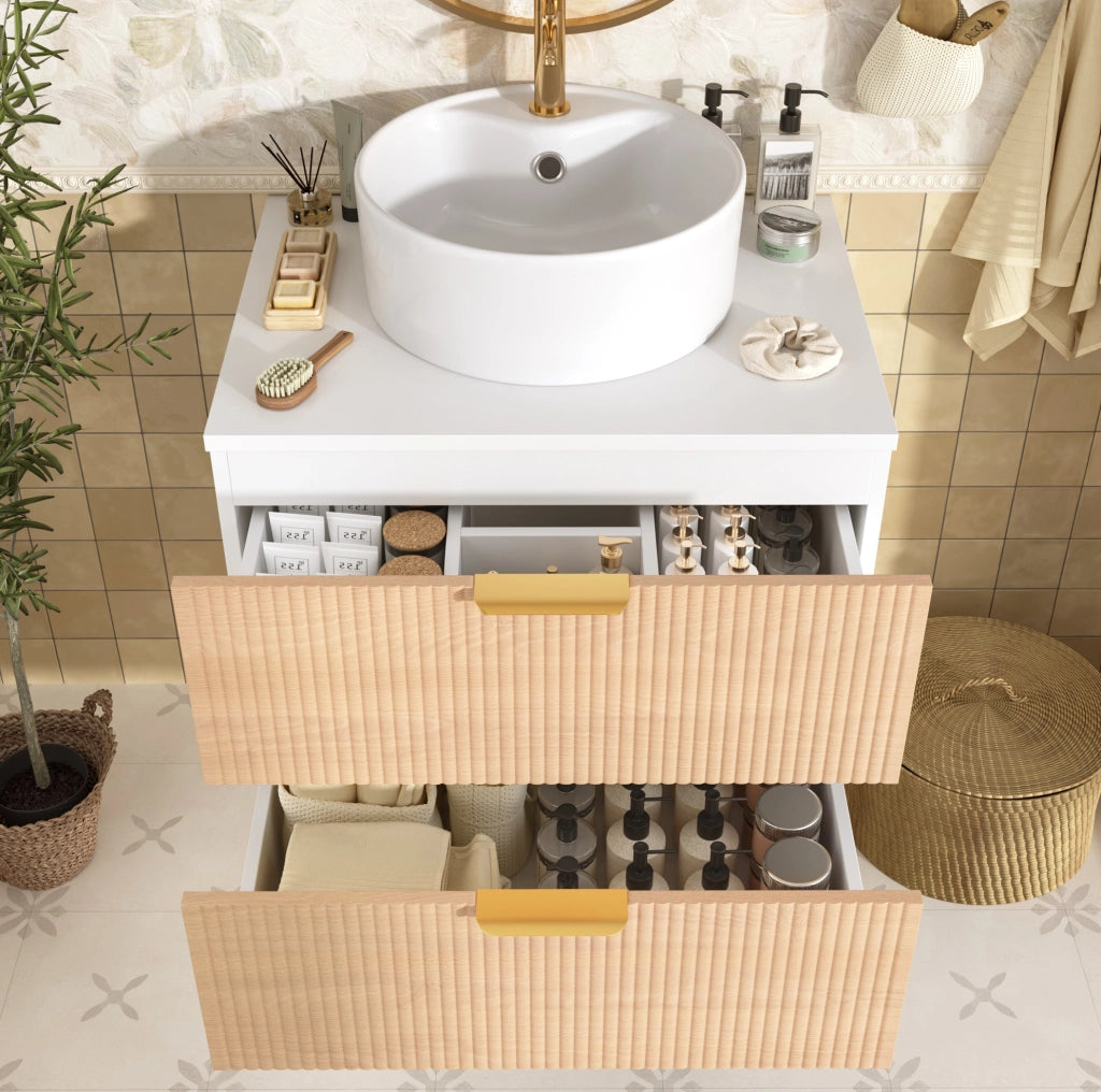 Mobile bagno sospeso 60 cm con lavabo in ceramica, 2 cassetti, MDF naturale