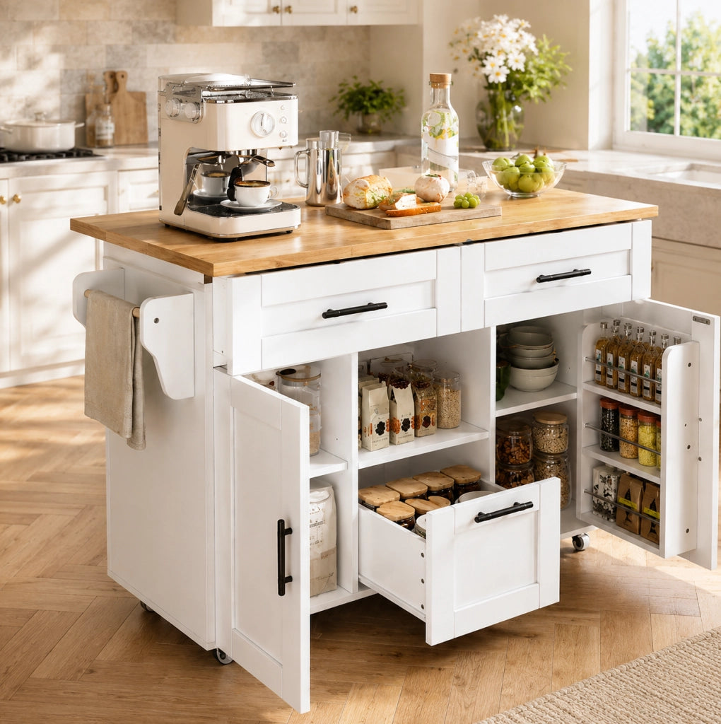 Carrello da cucina con ruote girevoli 120x46(71)x90 cm; bianco; in legno ingegnerizzato