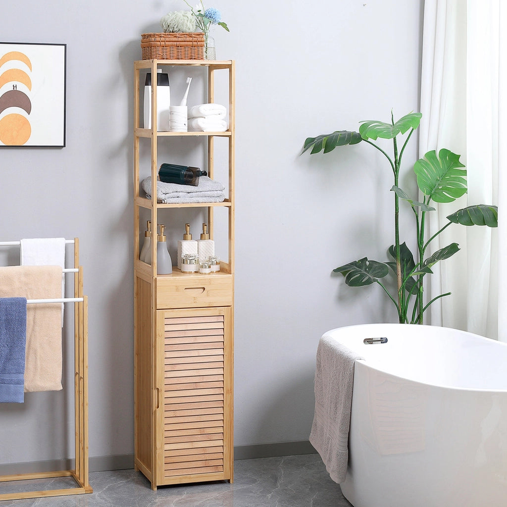 Mobile Bagno Alto 3 Ripiani 1 Cassetto e 1 Armadietto 32x30x163 cm in Bambù color Legno