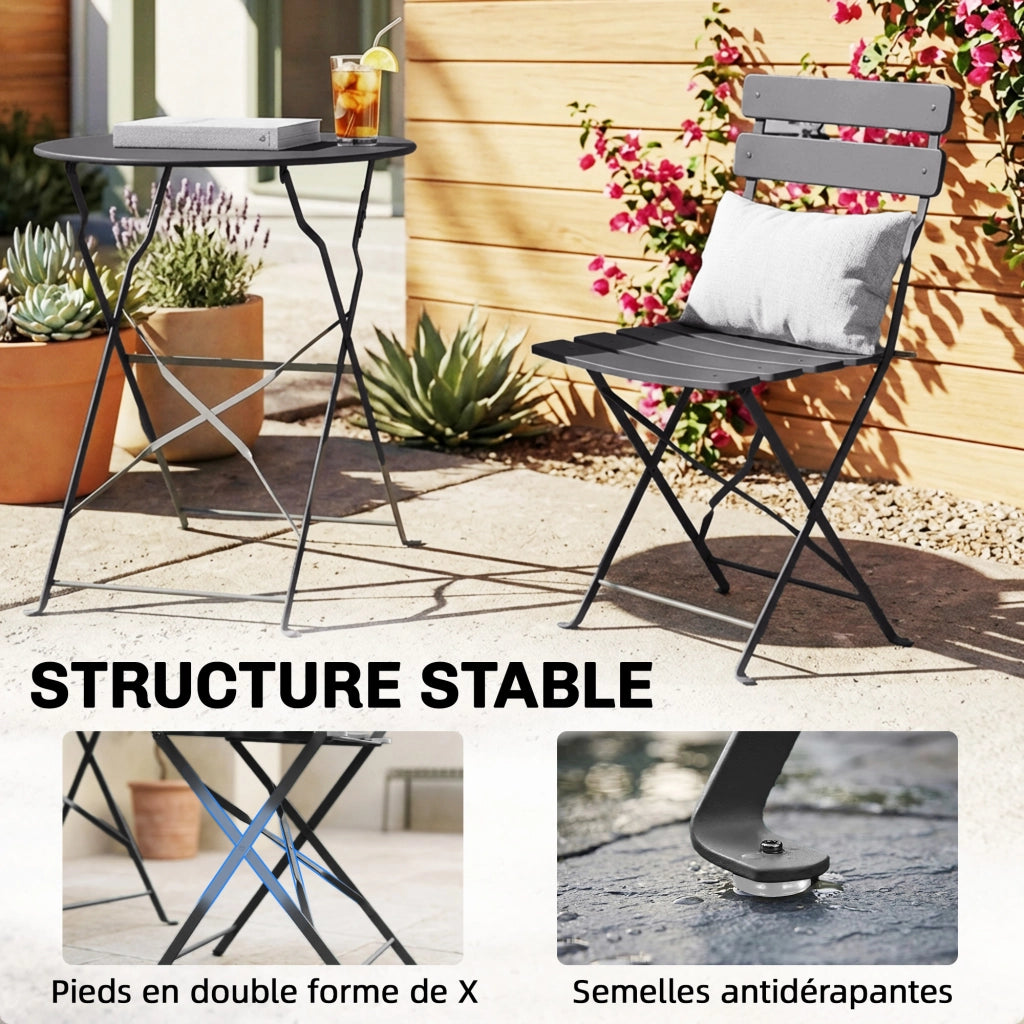 Set Bistrot Giardino 3 Pezzi Tavolo e 2 Sedie Pieghevoli ¨C Xylo ¨C Acciaio Nero