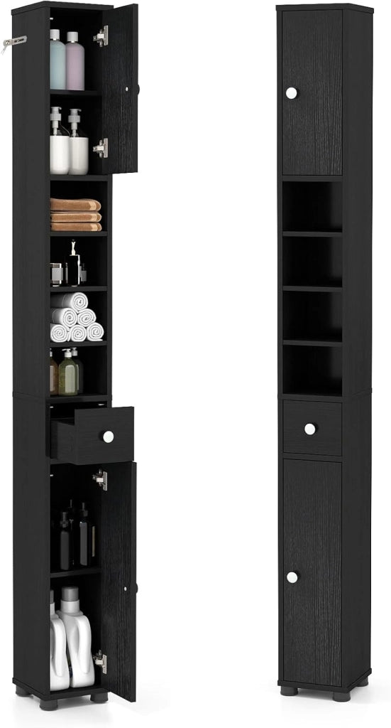 Colonna Bagno Alta, Ripiano in Vetro Temperato, Luce a 3 Colori, Piccolo Mobile di Stoccaggio Bagno, 2 Ante, 1 Cassetto, per Soggiorno, Ufficio, 20 x 20 x 181 cm(4Ripiano-2, Bianco)