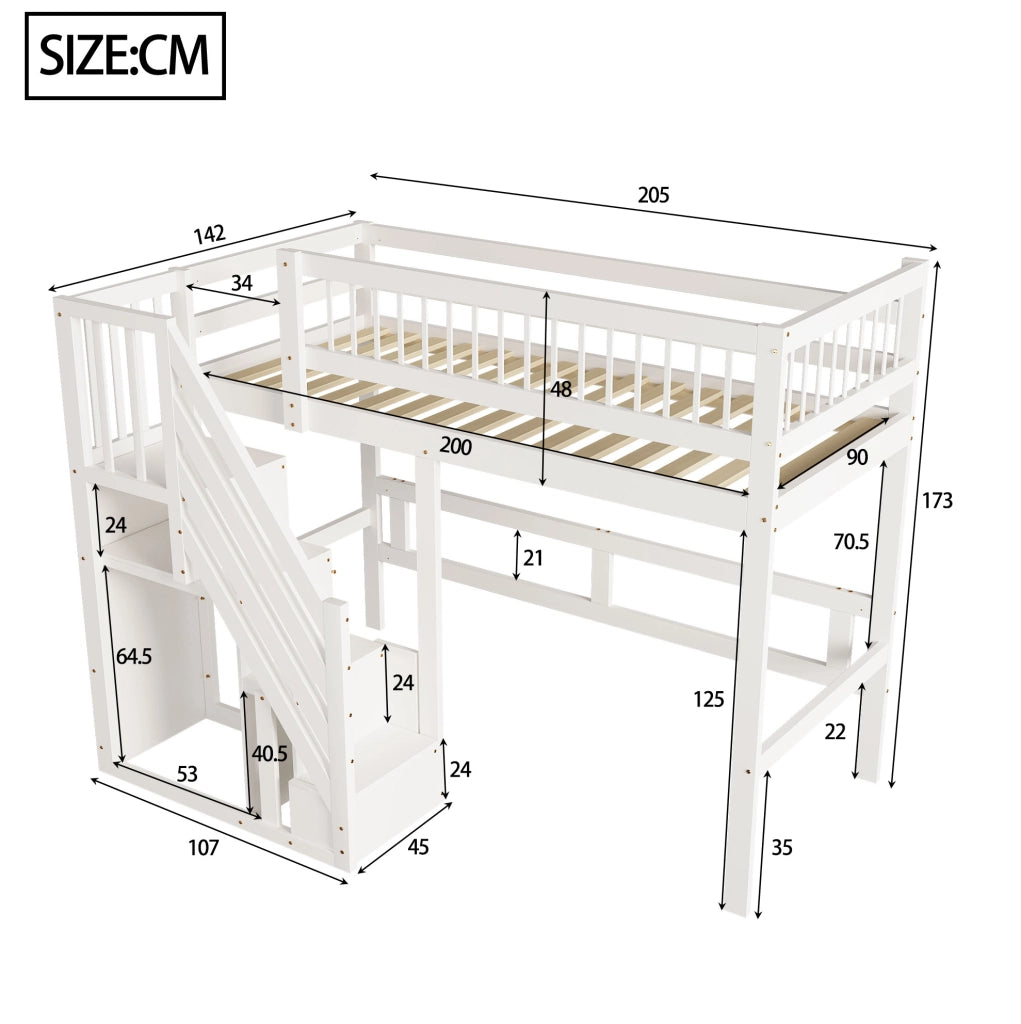 Letto singolo per bambini 90x200 cm in legno bianco con scala contenitore