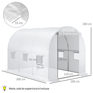 Telo per Serra 3x2x2 m con 6 Finestre Porta Avvolgibile e Bordi Interrati in PE Bianco