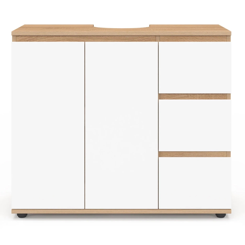IDMarket - Mobiletto da bagno TOMI con armadio e 3 cassetti, finitura faggio e bianco