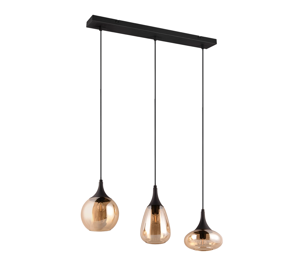 Lampada a sospensione 3 diffusori, metallo, nero e ambra, L 68 cm, Lumina