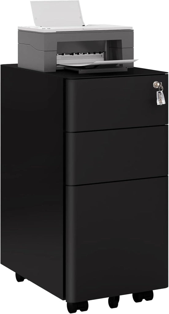 Cassettiera a 3 Cassetti, Schedario da Ufficio in Metallo, Organizer per Documenti con 5 Ruote, Cassettiera con Chiave, per Formato A4 Letter Legal in Studio, 30x45x60cm, Nero, ASK10sz