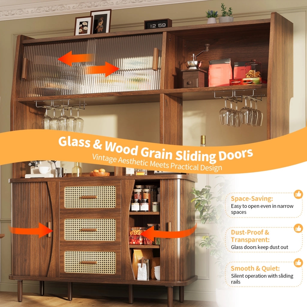 Credenza e madia con ante scorrevoli in vetro, 3 cassetti e vani aperti, per cucina, noce 140 × 40,5 × 174,5 cm