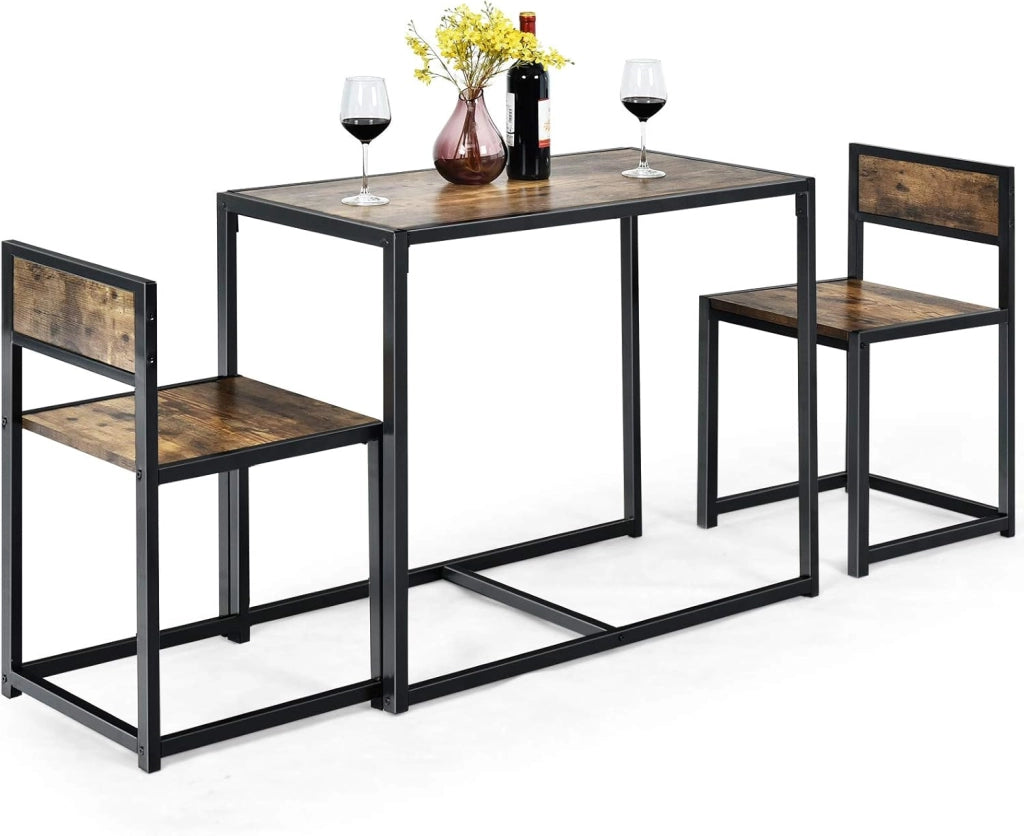 3 Pezzi Set Mobili da Pranzo, con Tavolo e 2 Sedie da Cucina, Struttura di Metallo e Legno, Rustico Elegante (Nero + Grigio)