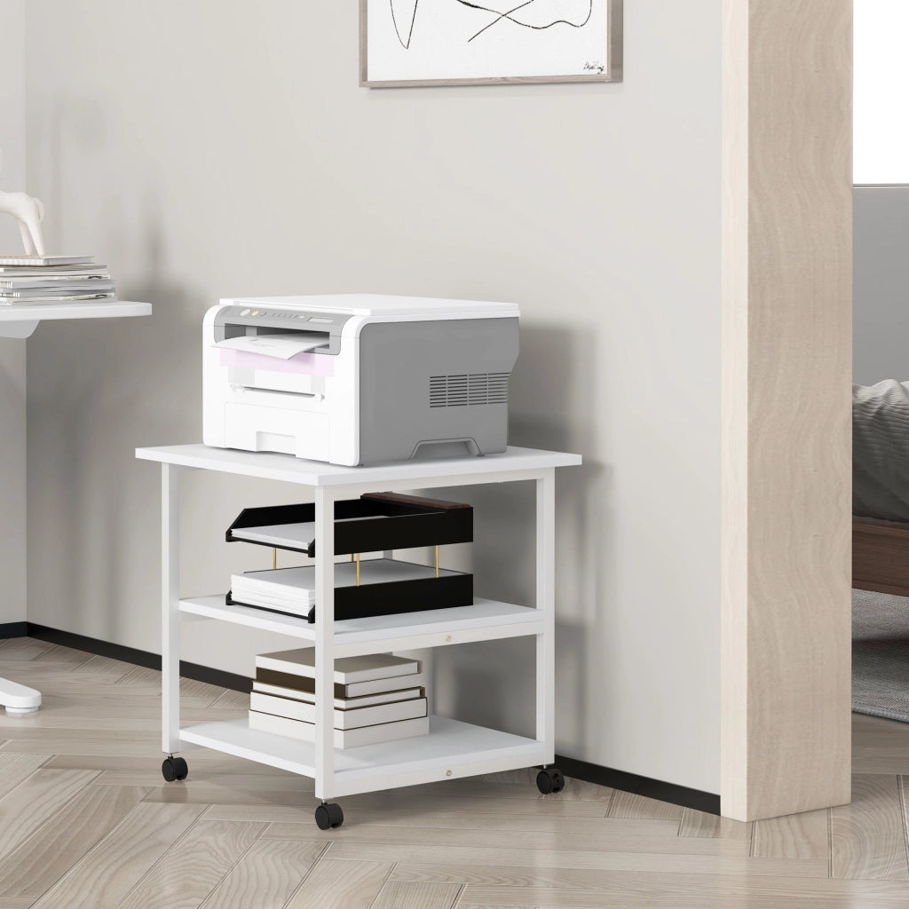 Carrello Porta Stampante a 3 Ripiani con 4 Ruote 50x50x52,5 cm Legno e Acciaio Bianco