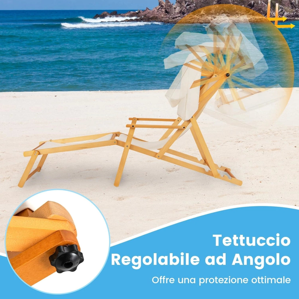 Sedia a Sdraio in Legno di Betulla, Lettino Prendisole da Giardino, Sedia da Spiaggia Pieghevole con Cappottina Regolabile e Rimovibile, Schienale Reclinabile e Poggiapiedi, Portata 100 kg