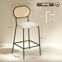 Set di 2 Sgabelli Alti da Cucina con Schienale in Rattan Seduta in PU Struttura in Acciaio e Poggiapiedi Beige