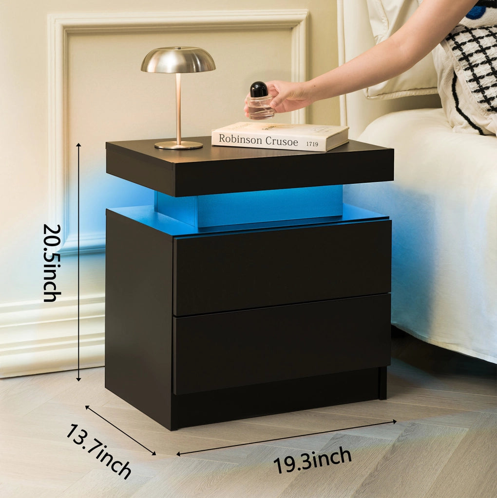 Comodino Moderno con Lampada LED Regolabile e 2 Cassetti, Nero