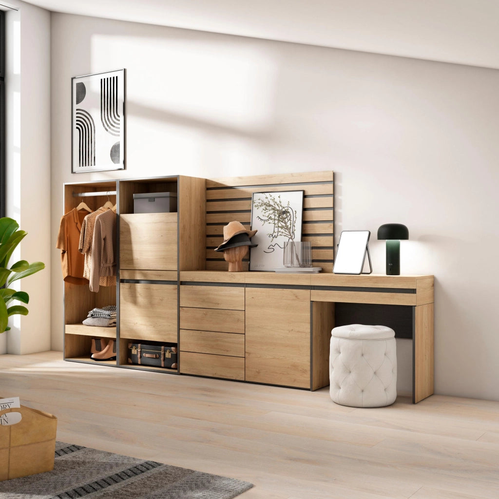 Scarpiera, 297x35x145cm, Camera da letto, Armadio Aperto, Cassettiera, Pannelli Decorativi, Tavolo da toeletta, colore Rovere RF3542