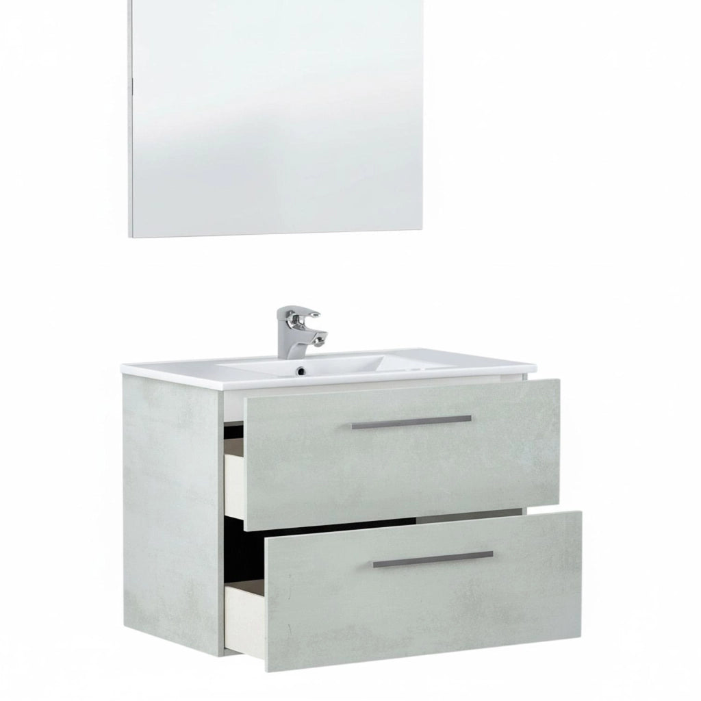 Mobiletto Bagno Sospeso Con 2 Cassettoni Soft Close Con Lavabo In Ceramica E Specchio Led Integrato Da 45 Cm Stile Moderno Nordico 57 X 80 X 45 Cm Colore Grigio Cemento