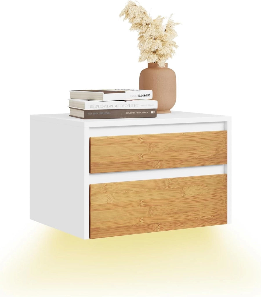 Comodino camera da letto sospeso con lampada a sensore di movimento rimovibile e 2 cassetti, Comodino da parete per camera da letto e ingresso, 40x29.8x25.6cm, Bianco Naturale, FBT175-E-WN