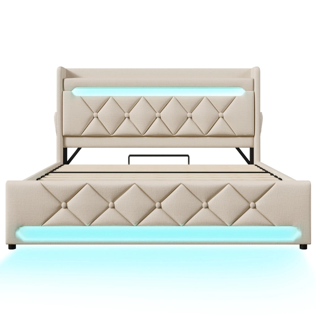 Letto matrimoniale 140x190 cm con contenitore; testiera con USB e Type-C; LED 360掳; beige in lino