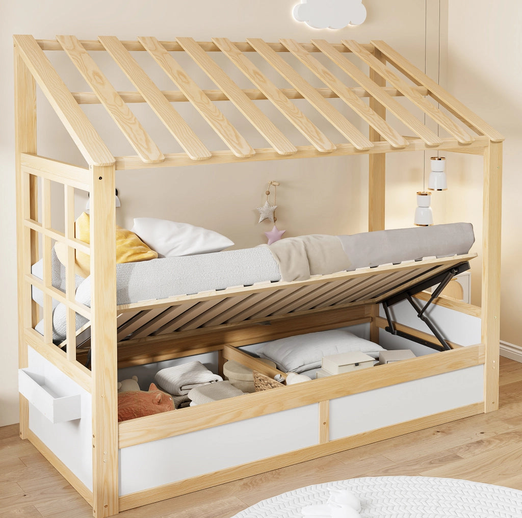 Letto per bambini 90x200 cm con contenitore idraulico e vani laterali in legno bianco e colore naturale