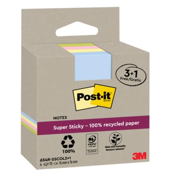 Foglietti riposizionabili post-it�super sticky carta riciclata al 100% assortiti 76x76 mm - 18 blocchetti da 70 ff - 124766