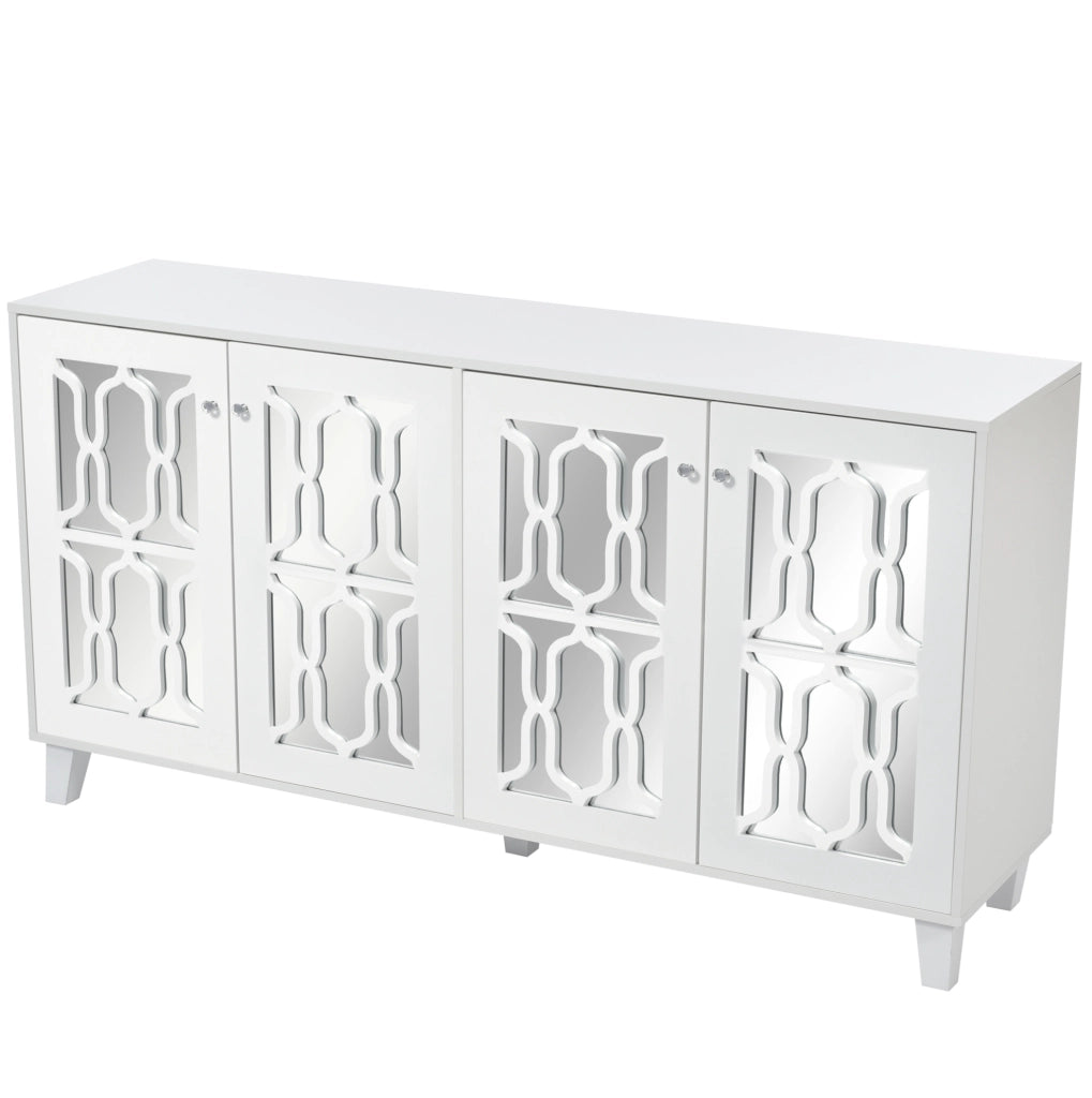 Credenza 160x40x84 cm con 4 ante; superficie specchiata; MDF bianco