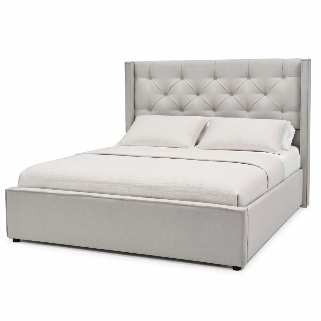 Letto matrimoniale imbottito 140x200 cm con rete a doghe in legno, contenitore sollevabile, grigio chiaro