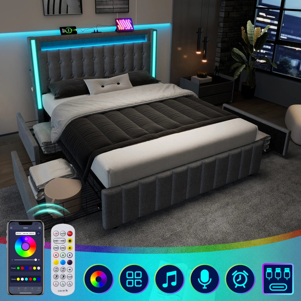 Letto matrimoniale 140x200 cm con 4 cassetti; USB Type-C e LED; lino grigio
