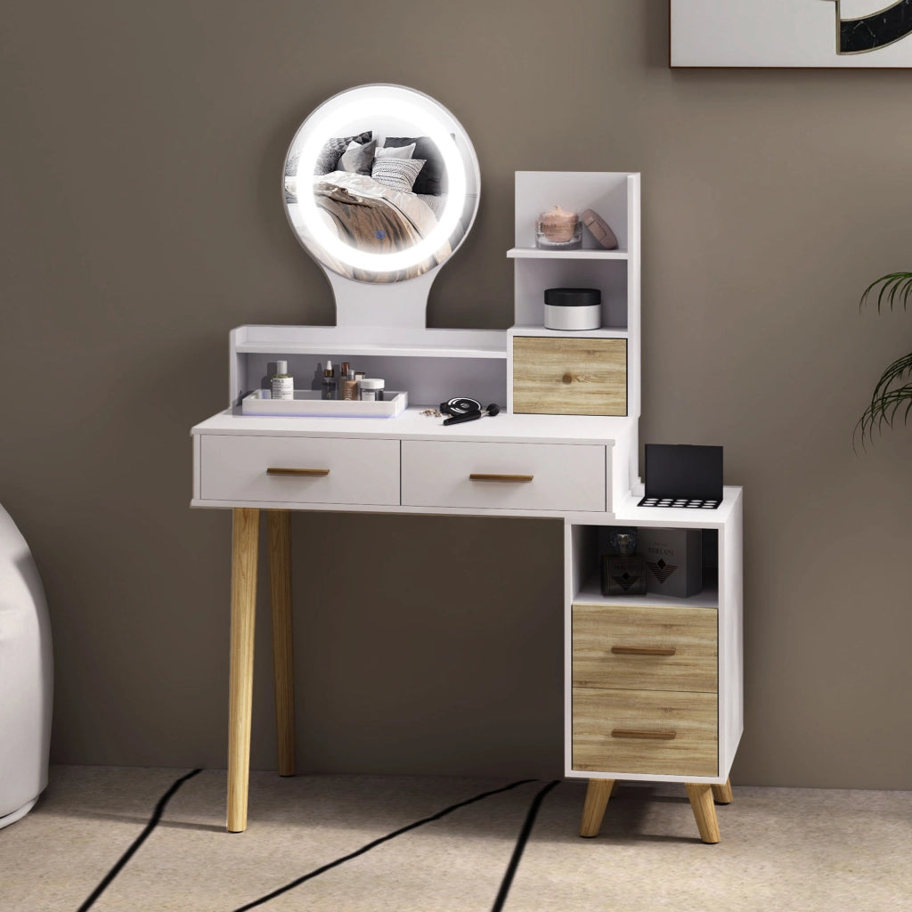 Tocador con Specchio e Luci LED ¨C zephmum ¨C 100x44x137 cm Bianco e Naturale