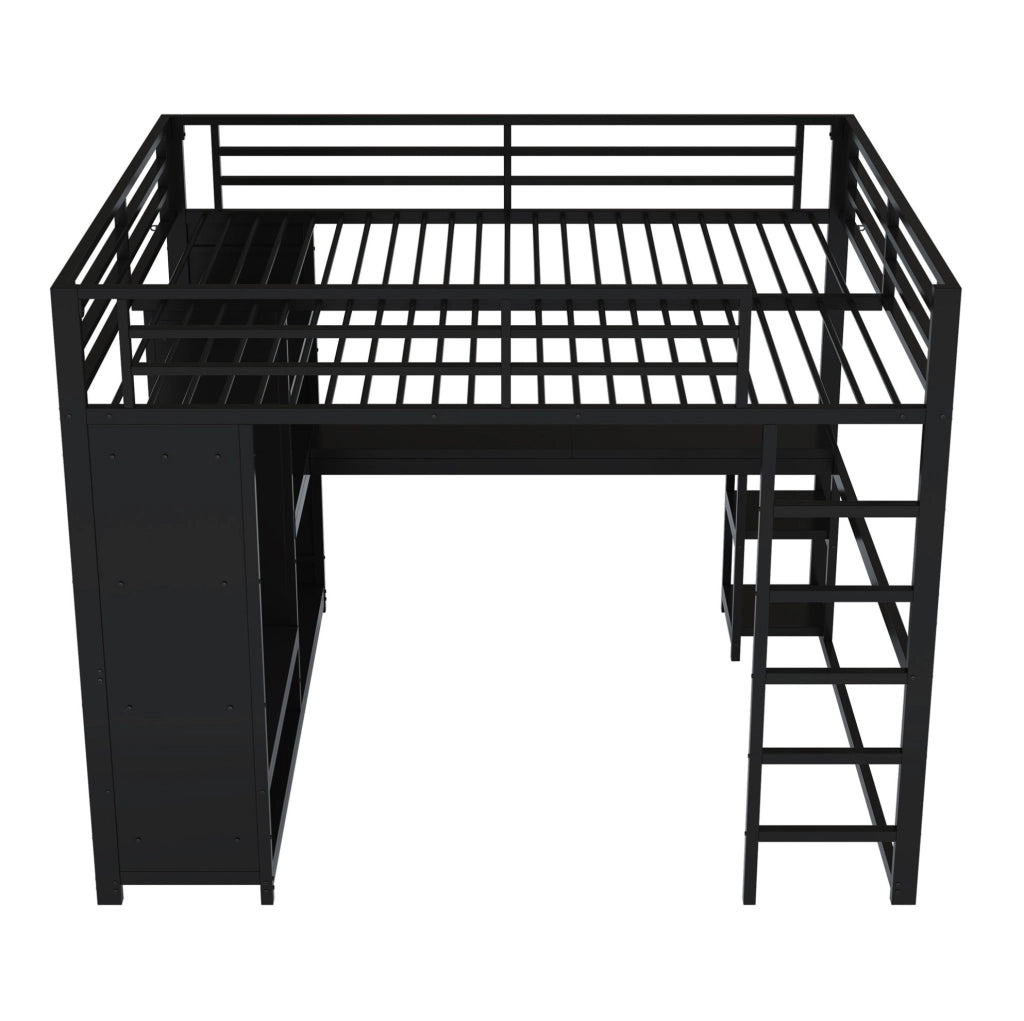 Letto a soppalco 160x200 cm con LED; scrivania e guardaroba aperto in metallo nero