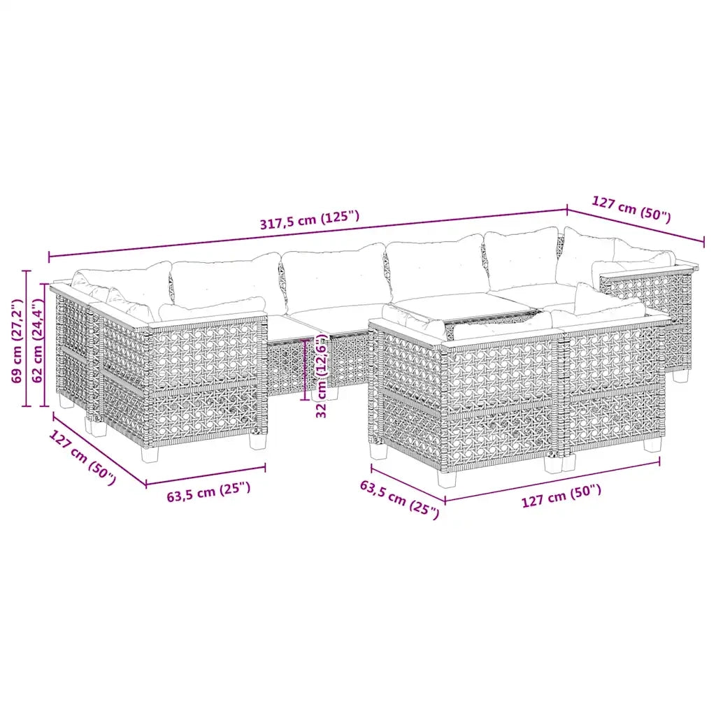 Set Divano da Giardino 9 pz con Cuscini Beige in Polyrattan